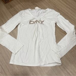 DKNY White Long Sleeve Tee with Embellished Logo